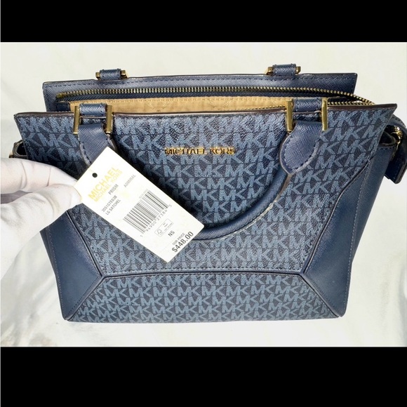 Michael Kors Navy MK Logo Satchel with Gold-Tone Hardware - Picture 7 of 14